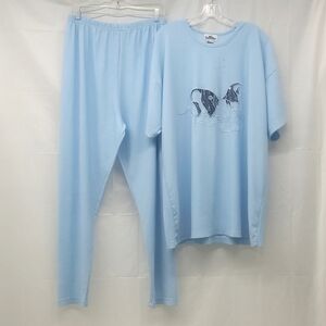 2 Piece Pants & Tunic Matching Pastel Blue Tropical Angel Fish Applique Resort